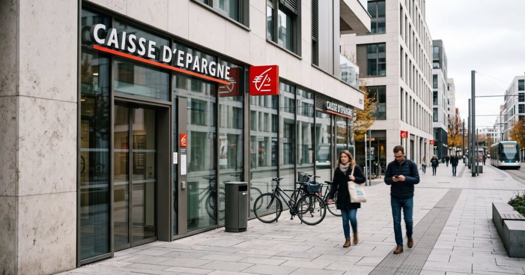 Agence Caisse d'Épargne à proximité avec façade moderne et entrée accessible en ville