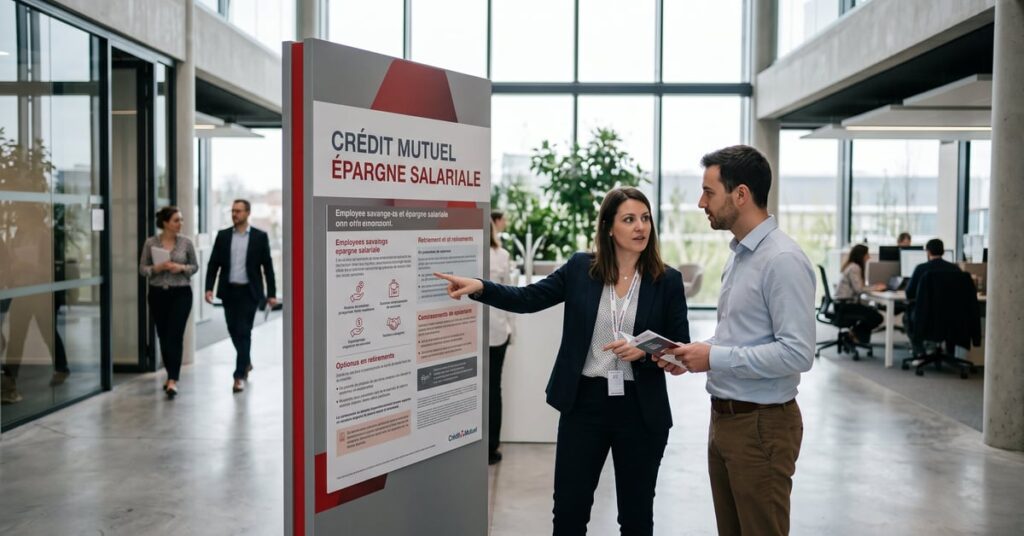 Crédit Mutuel épargne salariale : conseiller et salarié discutant d'un plan d'épargne entreprise